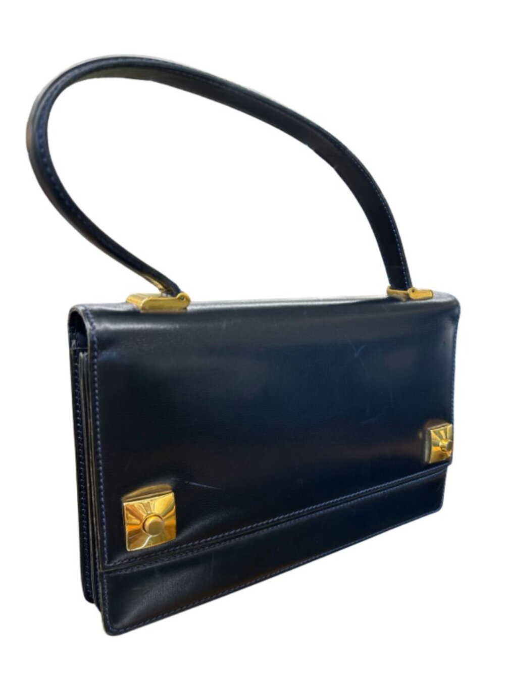 Vintage Lederer de Paris Navy Leather Top Handle Bag Made in France